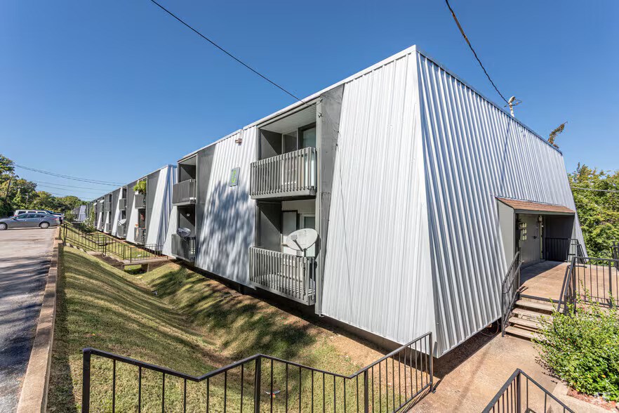 A modern house with a corrugated metal exterior.